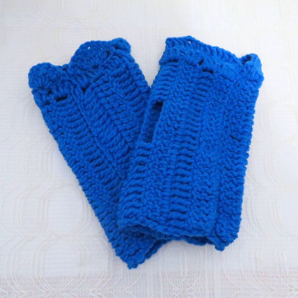 Handmade Crocheted Fingerless Gloves, Royal Blue Fingerless Mittens Women Ruffle
